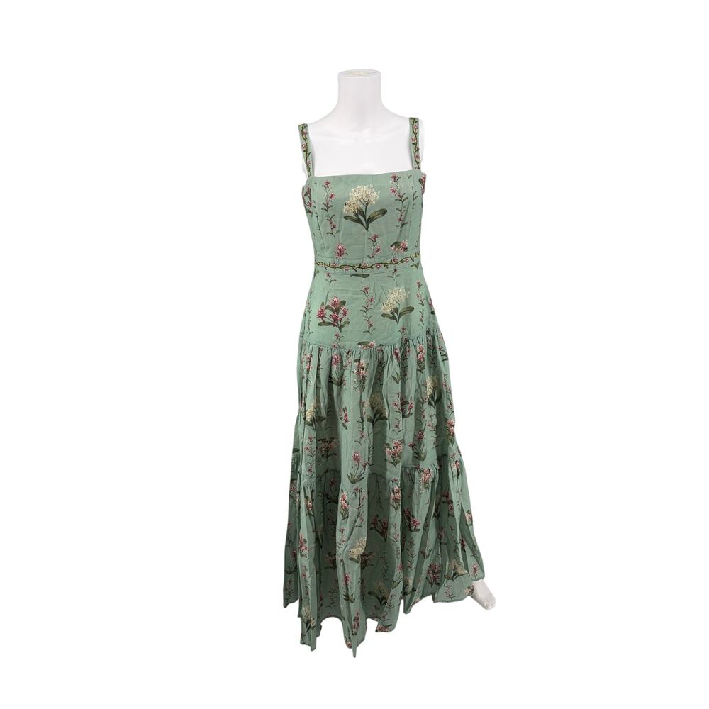 Agua by Agua Bendita Green Floral Tiered Maxi Dress Linen Cotton Pintuck